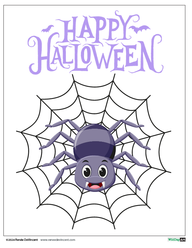 Happy Halloween graphic: cartoon spider in web; purple text and accents.