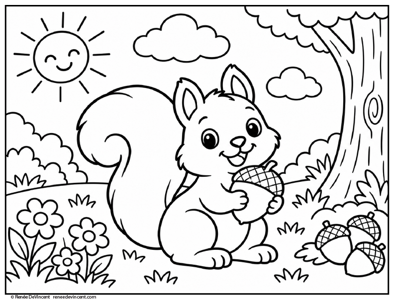 Squirrel holding an acorn, sitting on a tree stump, with the letter