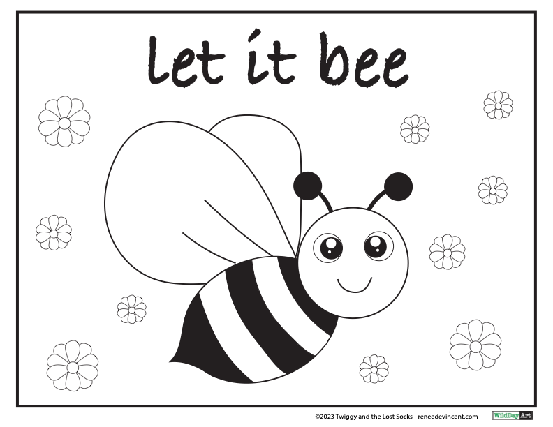 Black and white cartoon of a bee with a striped body, smiling, and surrounded by flowers. Text says 