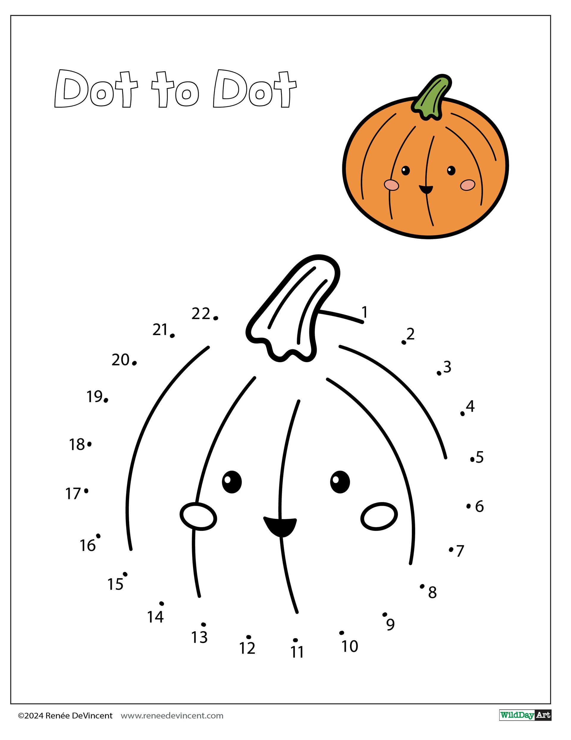 Pumpkin dot-to-dot puzzle with numbers 1-23; a completed pumpkin is pictured in orange.
