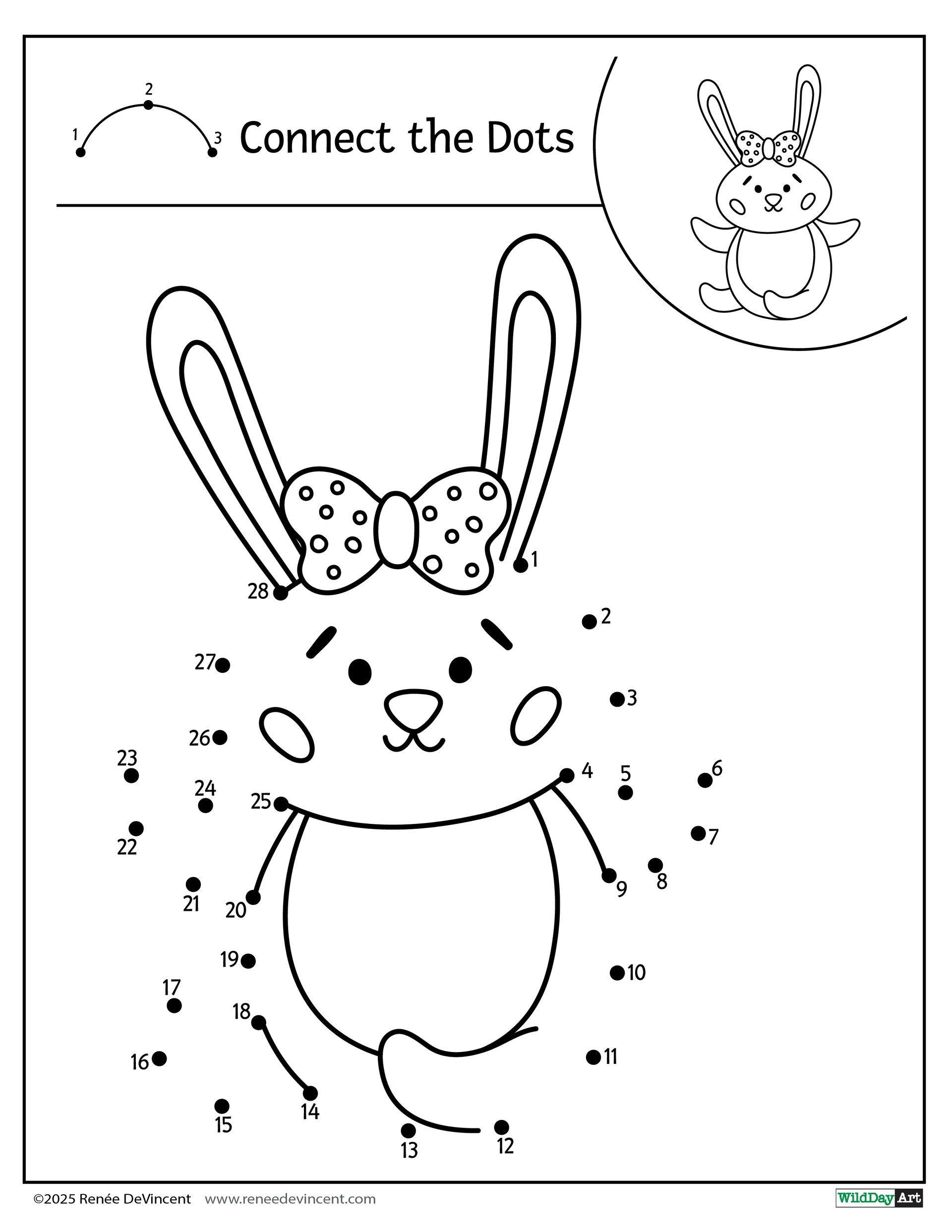 Dot-to-dot puzzle of a bunny with a bow. Connect numbers to draw the bunny shape.