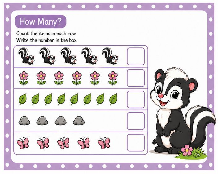 Counting worksheet with skunks, flowers, leaves, rocks, and butterflies in rows beside answer boxes.