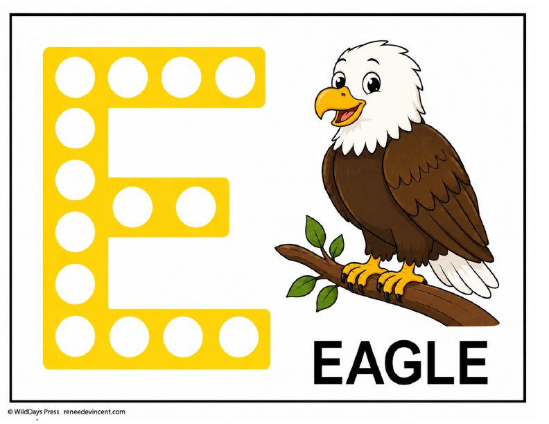 dot coloring page-letter E with an eagle illustration and the word “EAGLE” underneath.