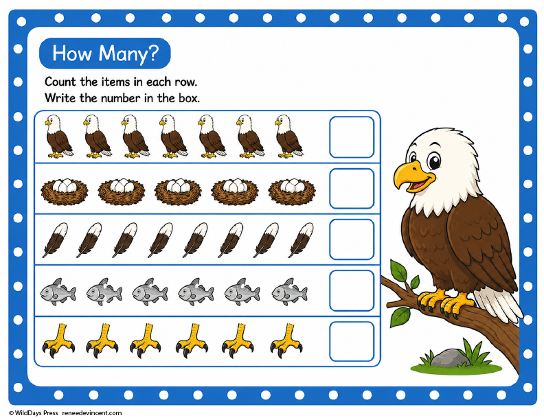 Eagle-themed counting worksheet with rows of birds and empty boxes for writing totals