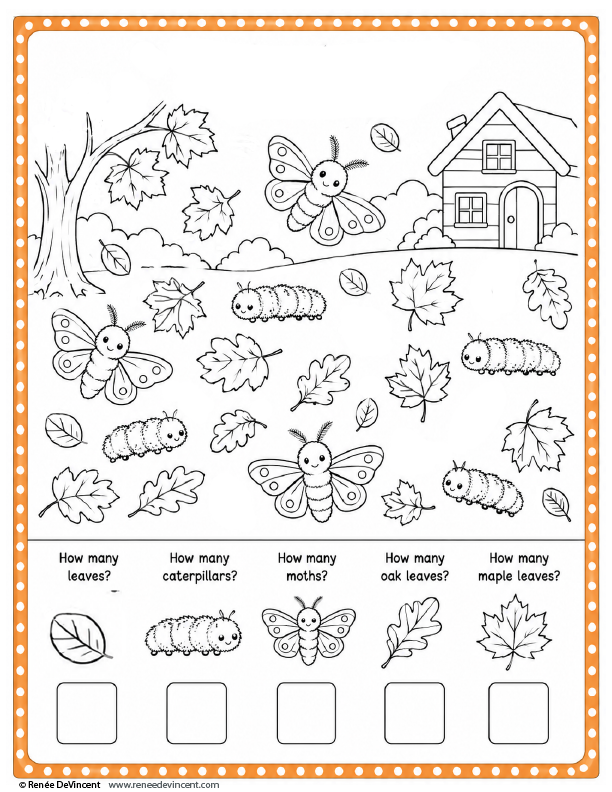 Fall-themed counting worksheet with leaves, caterpillars, butterflies, and a house to count and match.