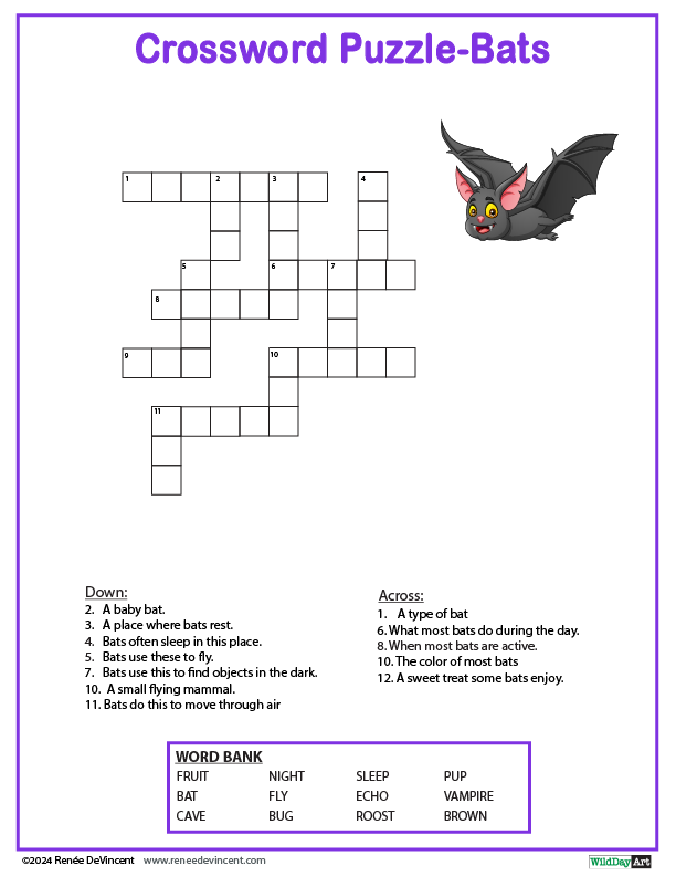 Crossword puzzle with a bat graphic, themed for bats, with clues and answers.