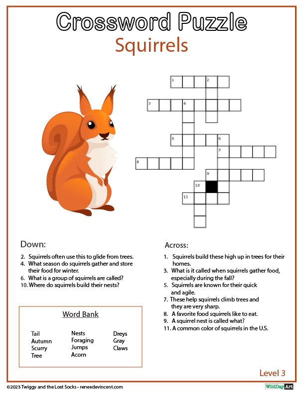 Crossword puzzle about squirrels, with a drawing of a squirrel and word bank.