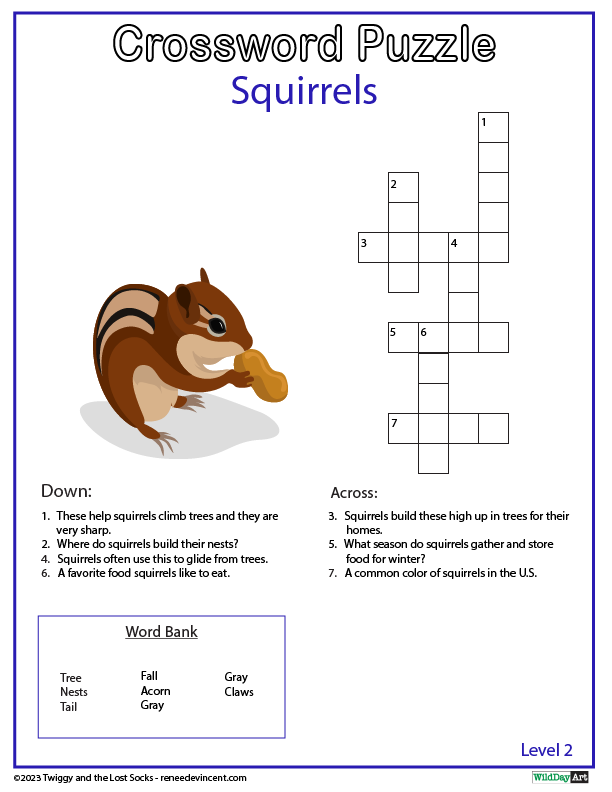 Crossword puzzle about squirrels, with a drawing of a squirrel holding a peanut.