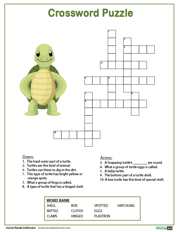 Crossword puzzle with a turtle illustration.