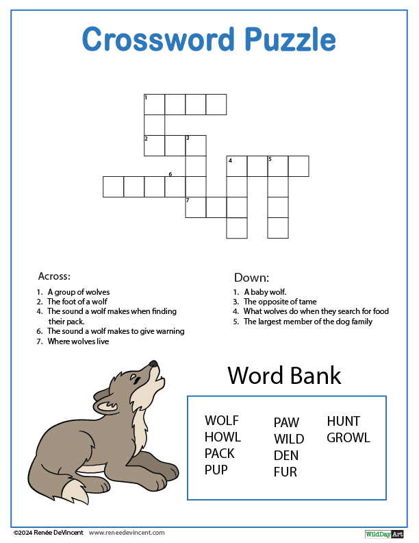 Crossword puzzle with wolf image, clues, and word bank, featuring wolf-related terms.