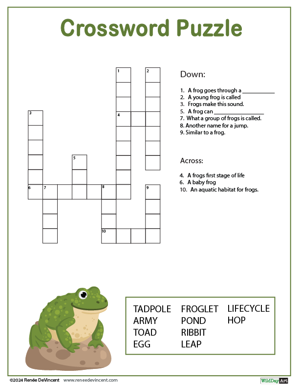Crossword puzzle about frogs, with answers provided. Green frog illustration at the bottom.