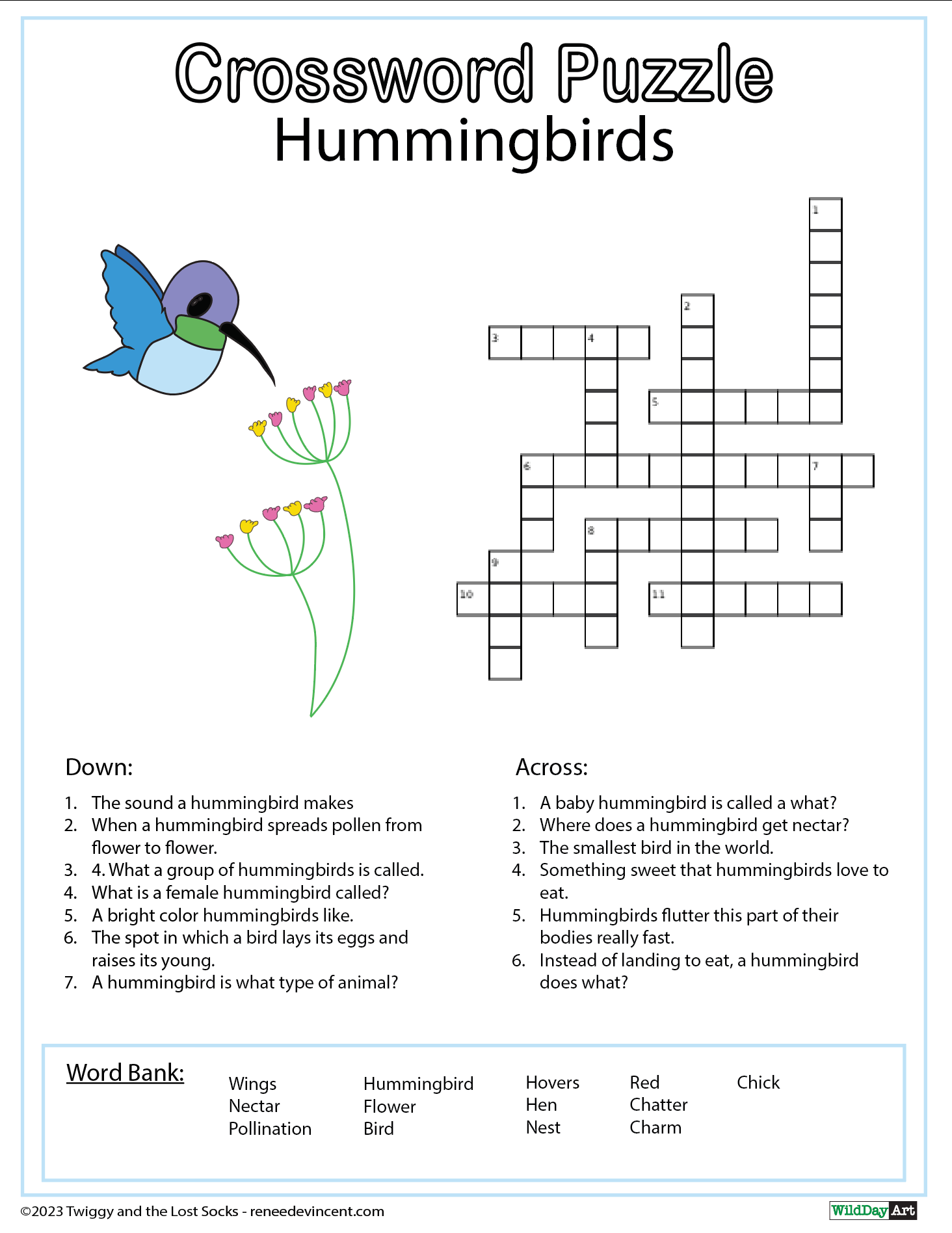 Crossword puzzle about hummingbirds, with a cartoon hummingbird and flower.