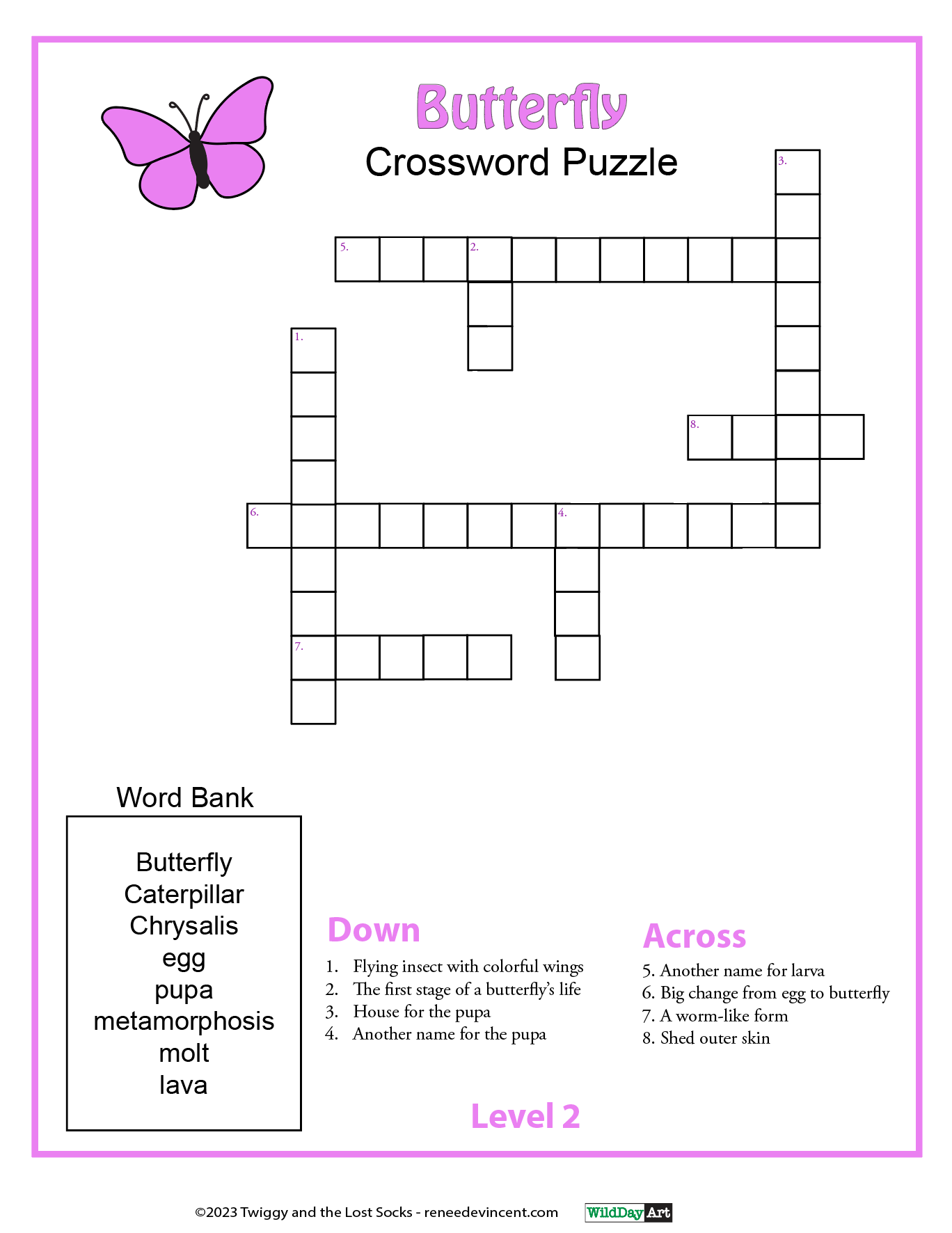 Butterfly crossword puzzle worksheet with pink butterfly graphic and word bank