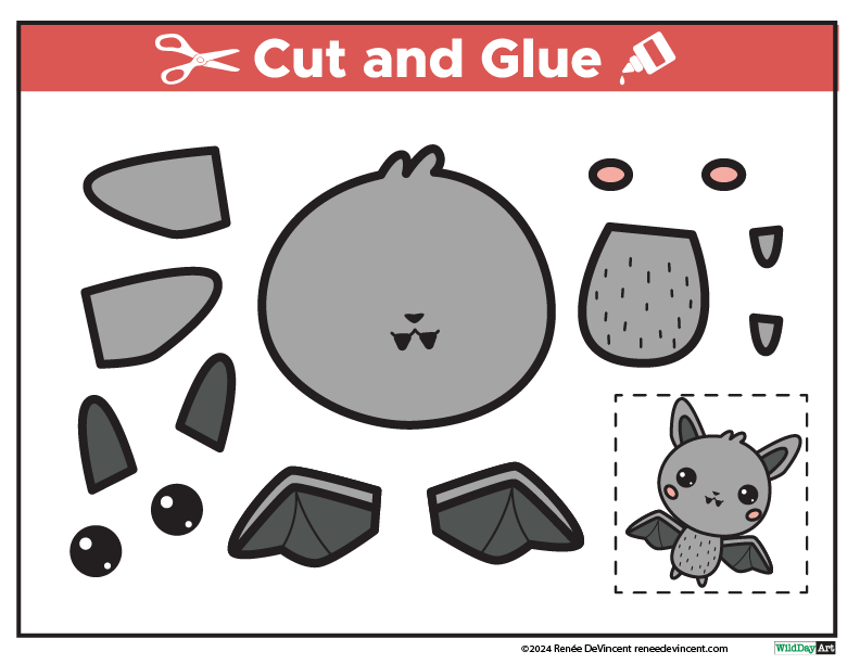 Cut and glue activity: assembling a gray cartoon bat with wings, ears, and nose.