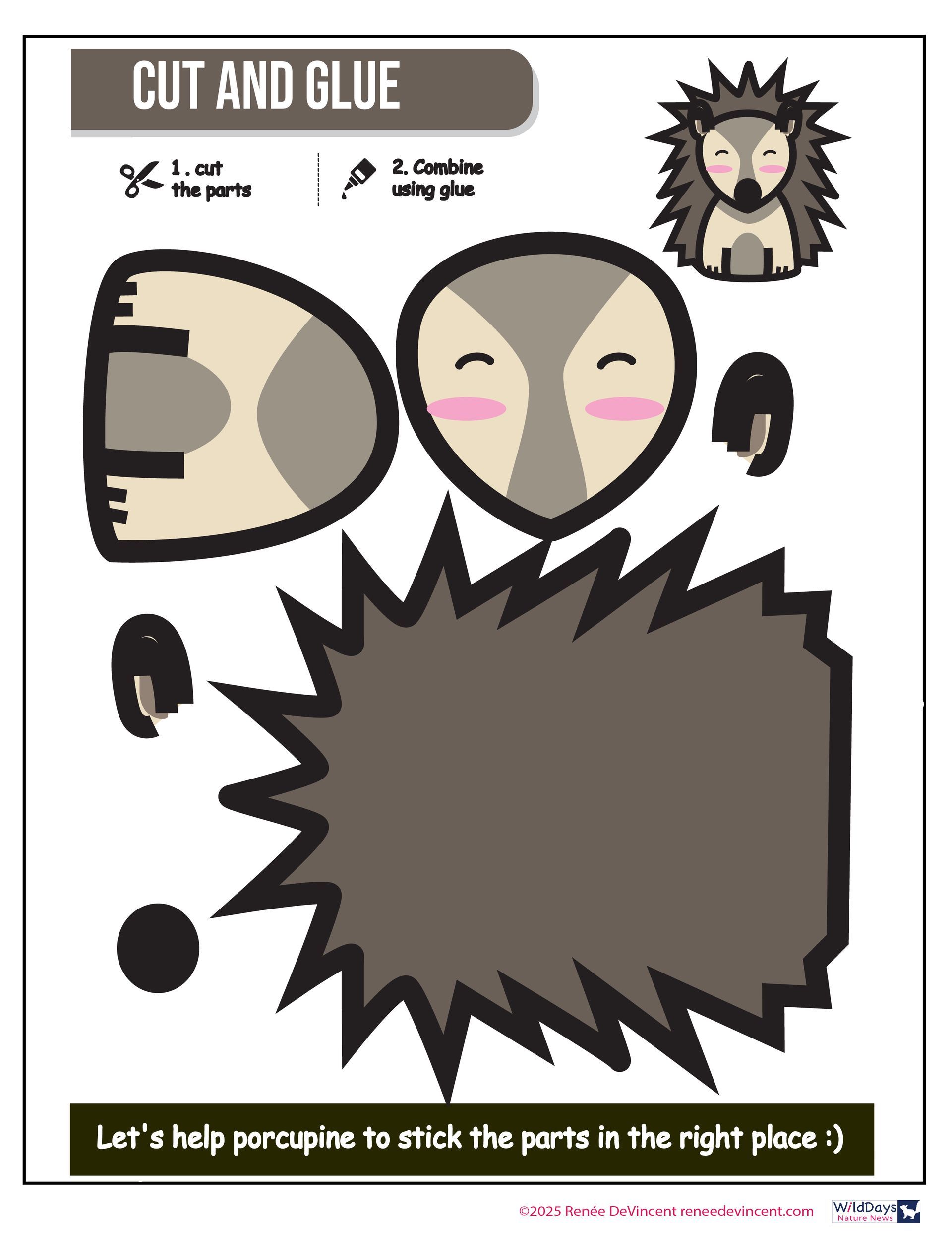 Cut and glue activity: hedgehog parts, ready for assembly, with instructions and a finished example.