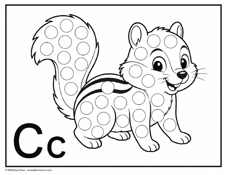 Cartoon chipmunk with spotted tail and body, next to the letters “Cc”.