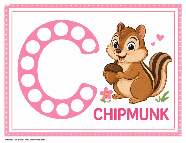 Pink polka-dot letter C with a smiling chipmunk and the word “CHIPMUNK” below