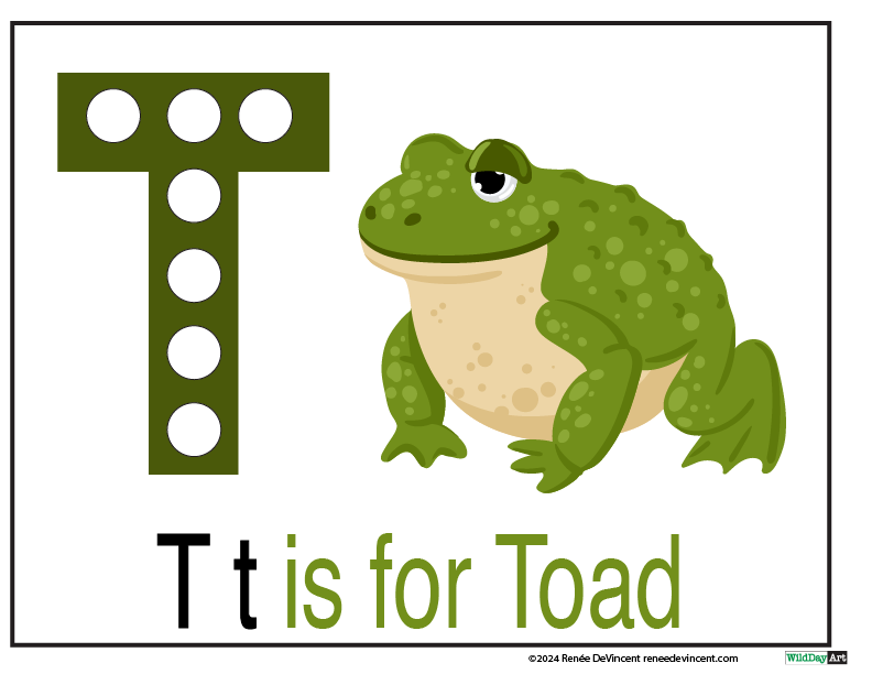 Green toad next to a green letter 