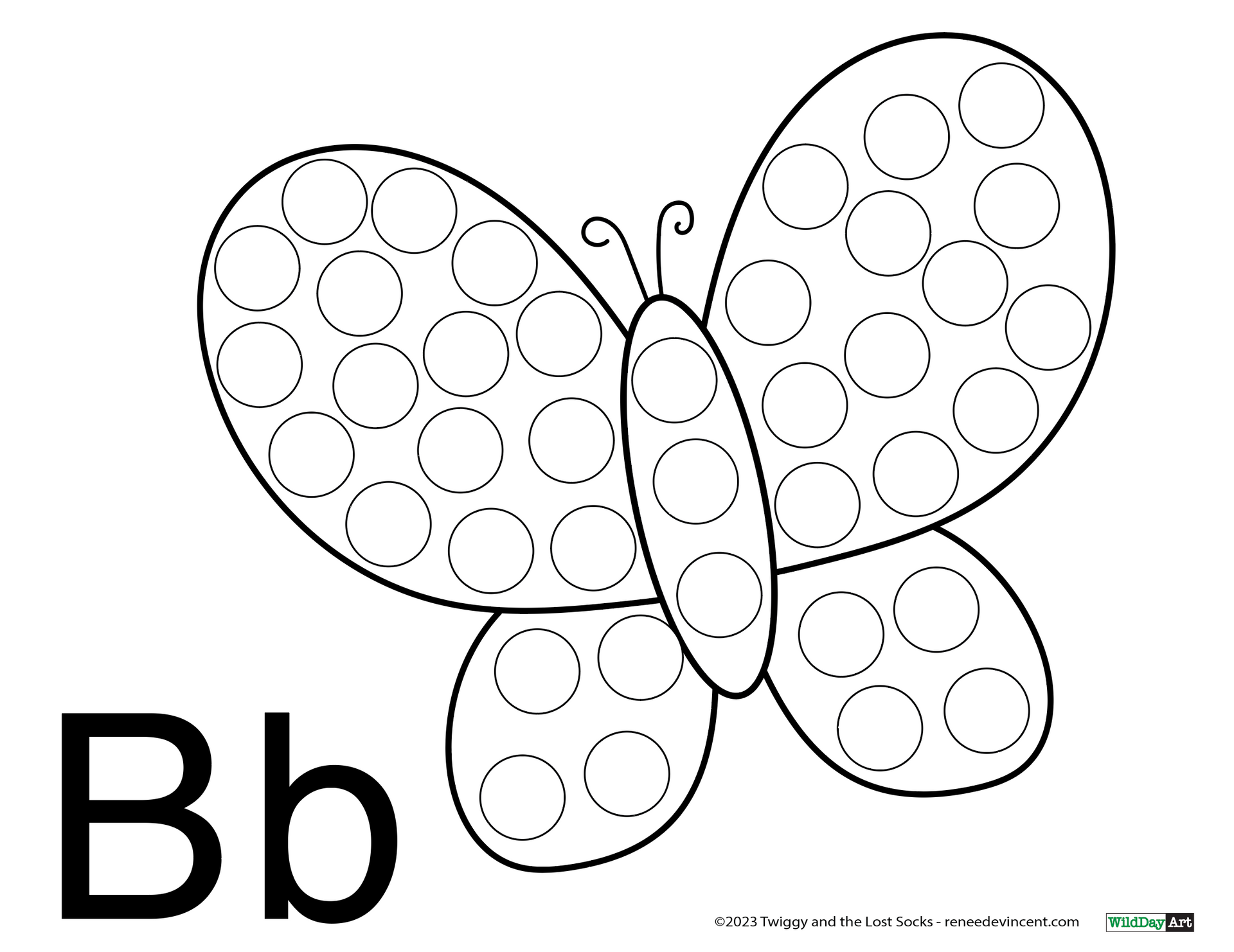 Butterfly worksheet with outlined circles to trace and the letters “Bb” in the corner