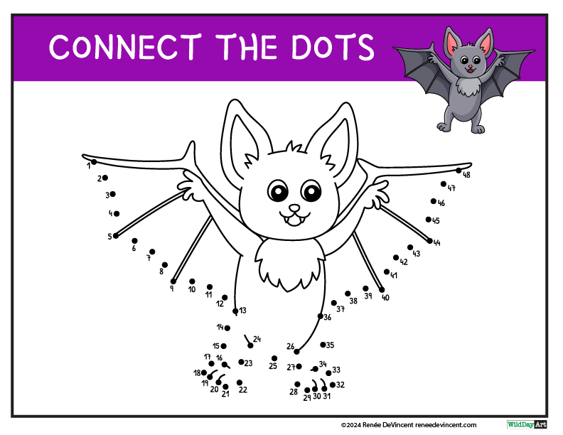 Connect-the-dots puzzle of a bat.  A completed bat in gray and cartoon style next to the puzzle.