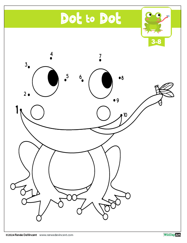 Dot-to-dot puzzle of a frog catching a dragonfly with its tongue.