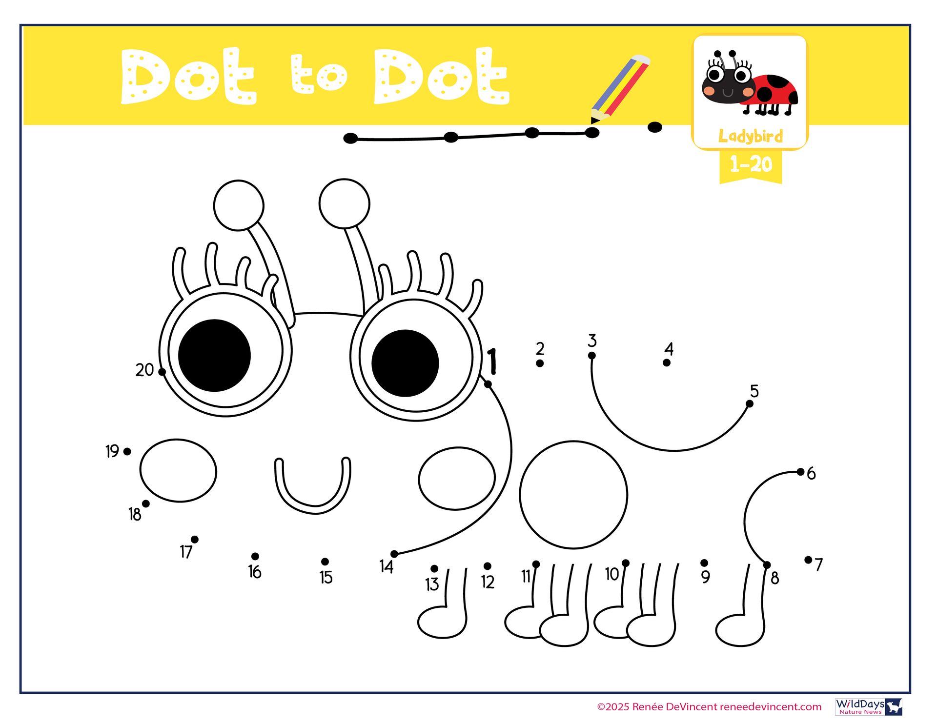 Dot-to-dot puzzle of a ladybug. Connect the numbers 1-20 to complete the drawing.