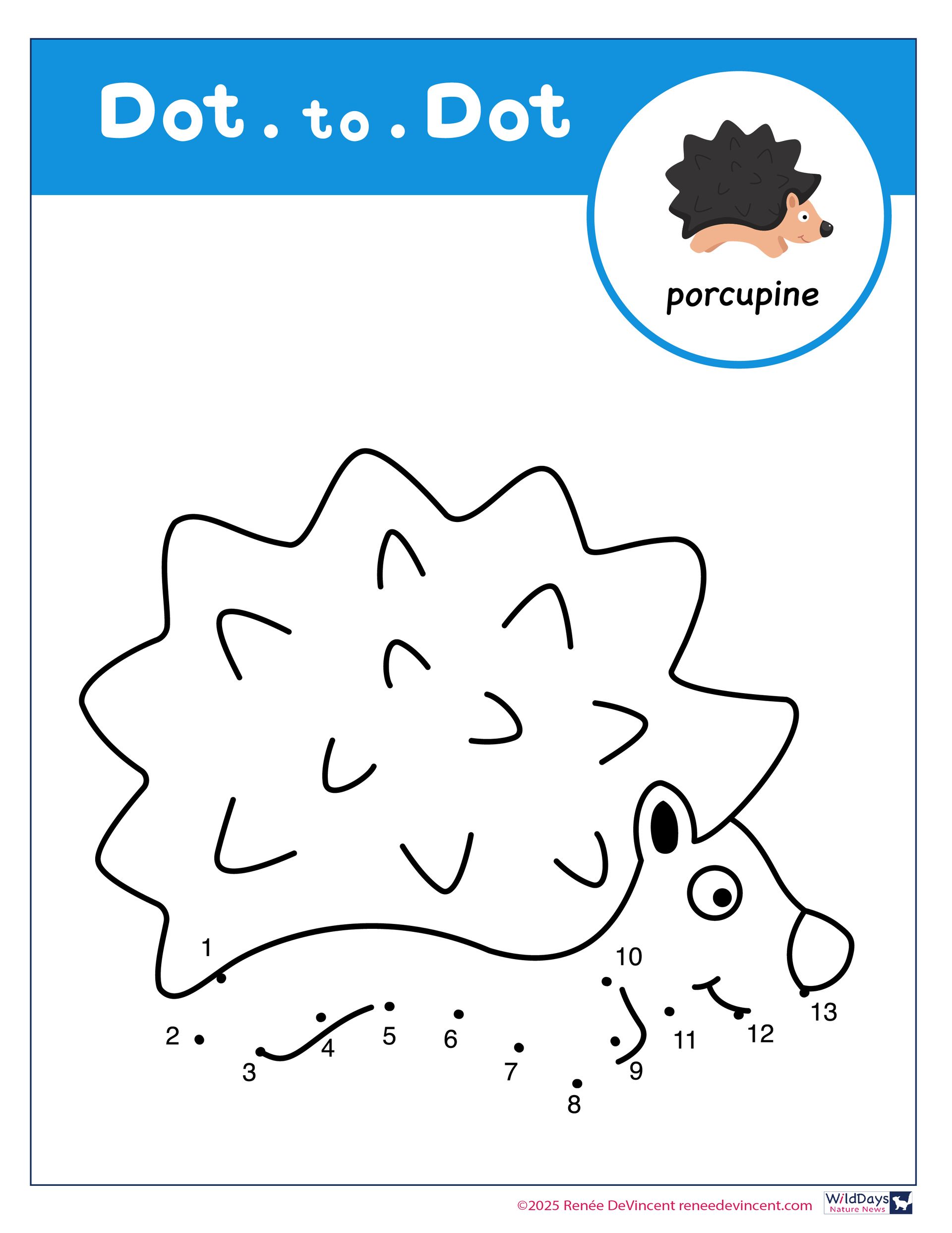 Dot-to-dot puzzle of a porcupine, connecting numbered dots to form the animal's outline.
