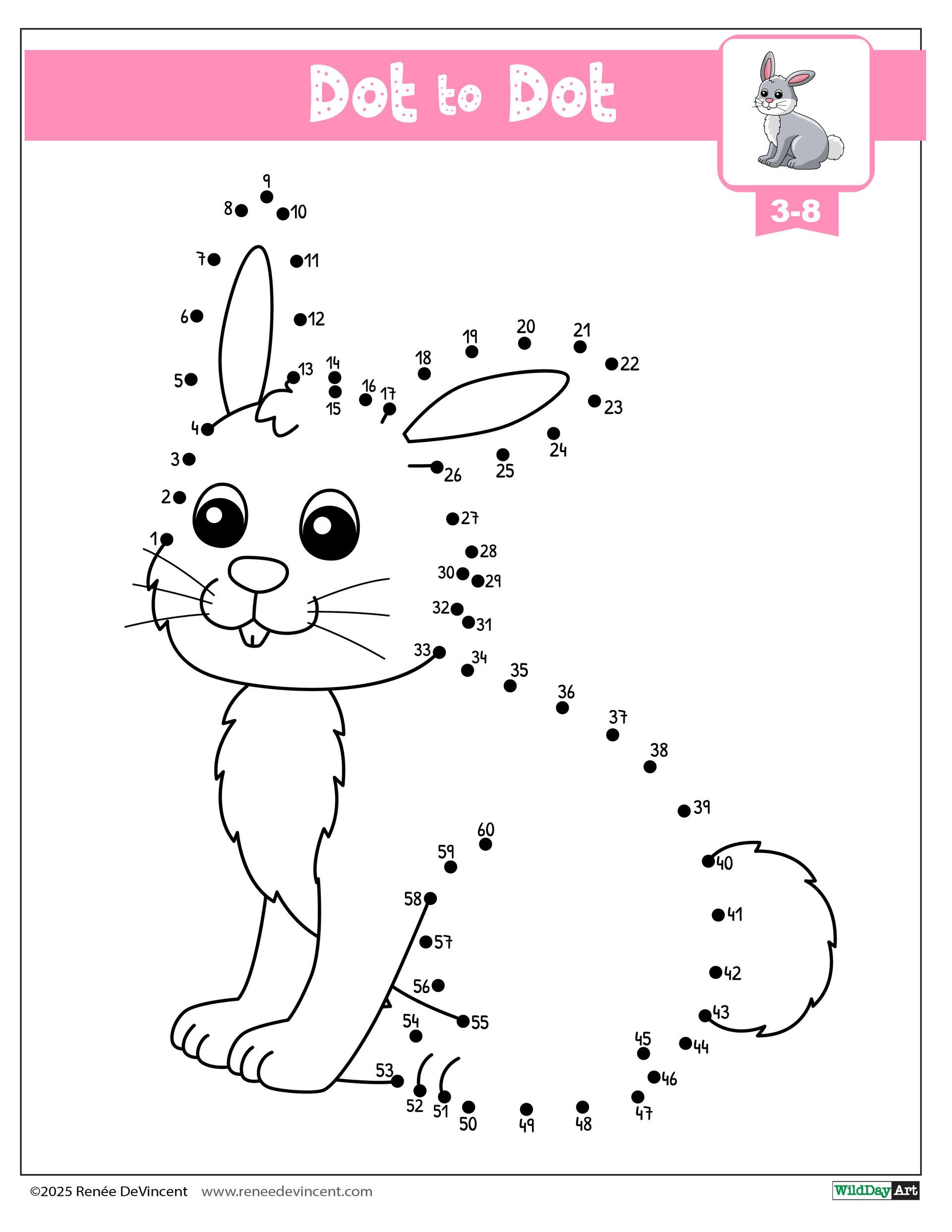Dot-to-dot puzzle: A rabbit with large eyes, ears, and fluffy tail. Pink header and age range (3-8).