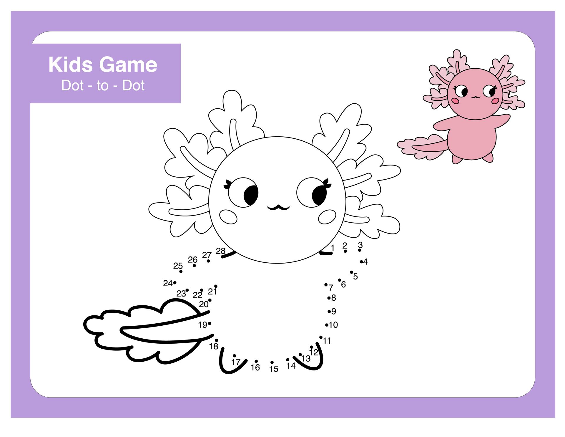 Dot-to-dot puzzle of a cute axolotl with a reference drawing, outlined in black, on a purple background.