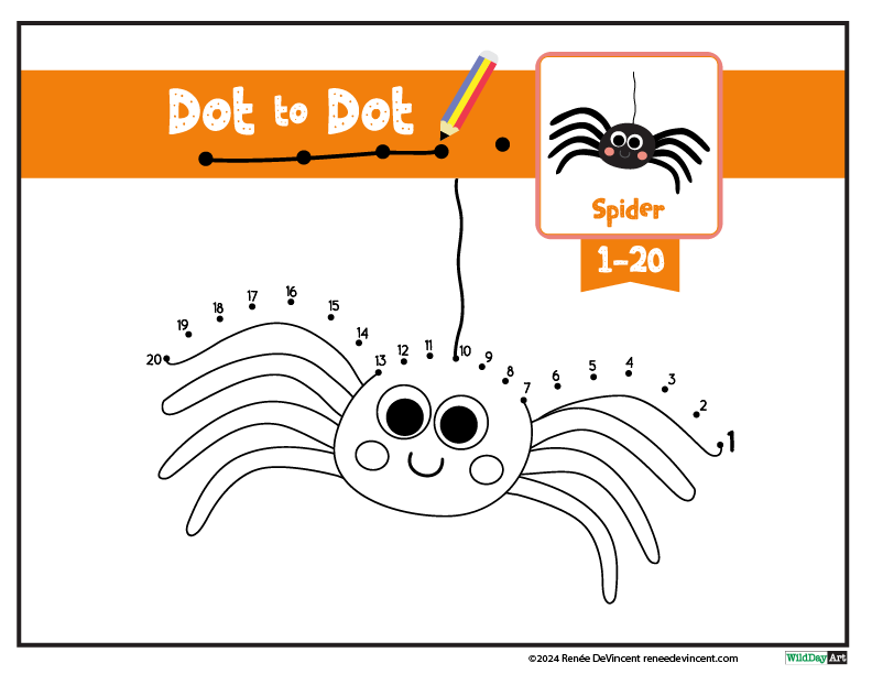 Dot-to-dot puzzle of a spider. Connecting dots 1-20 to reveal the spider, with an orange border.