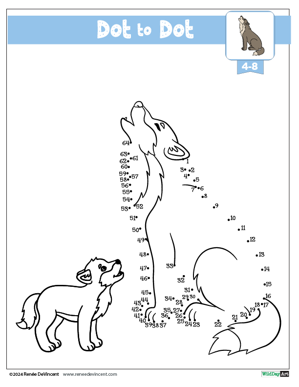 Dot-to-dot puzzle of two wolves howling.