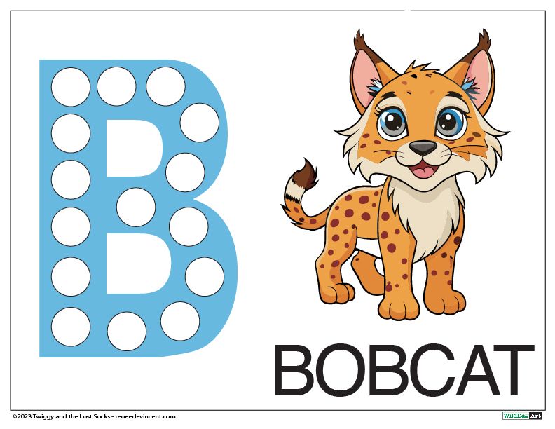Letter B with dot markers, beside a cartoon bobcat; the word 