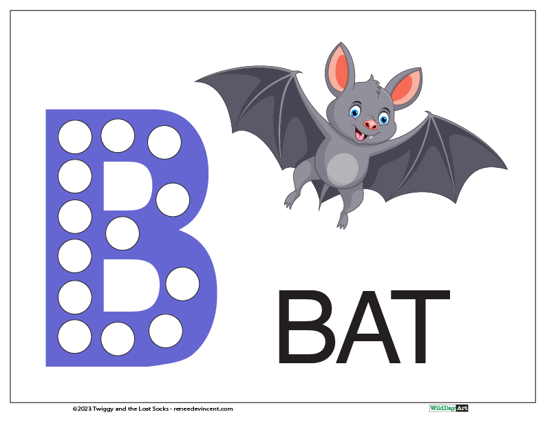 Blue letter B with dots, a cartoon bat flying, and the word 
