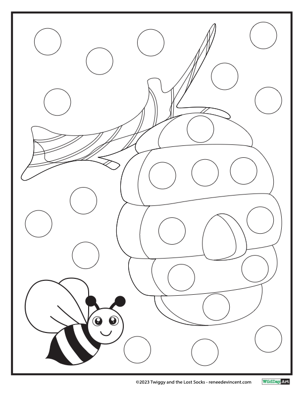 Black and white coloring page: bee with a striped body, beehive, and circles.