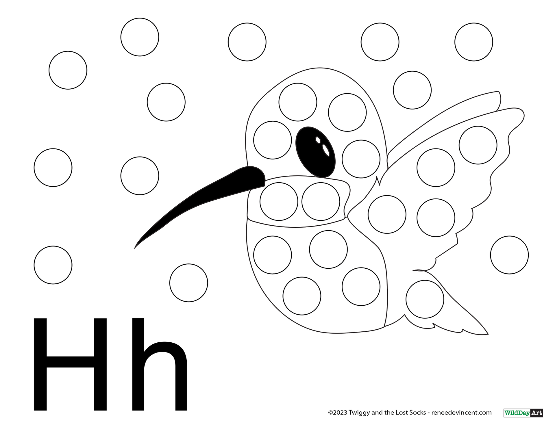 Hummingbird coloring page, circles for dot markers, letter H.