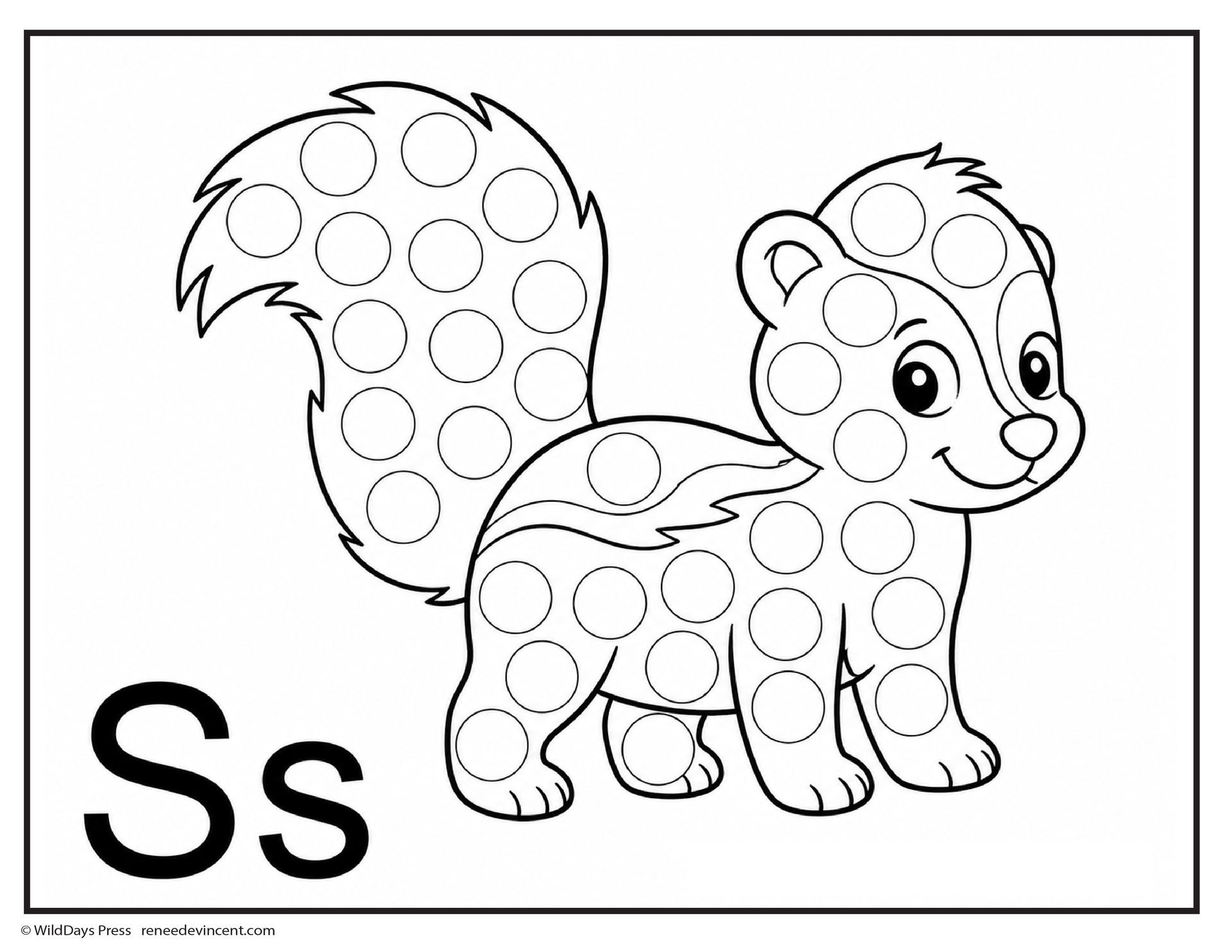 Coloring dot page. Cartoon skunk with letter Ss on a white background