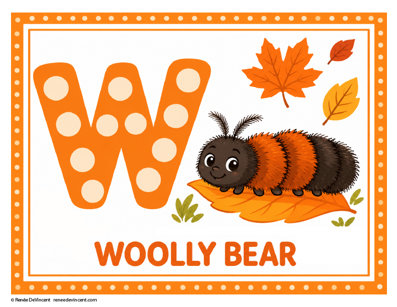 Do-a-dot- Woolly bear W with a smiling woolly bear caterpillar and autumn leaves; text reads “WOOLLY BEAR”