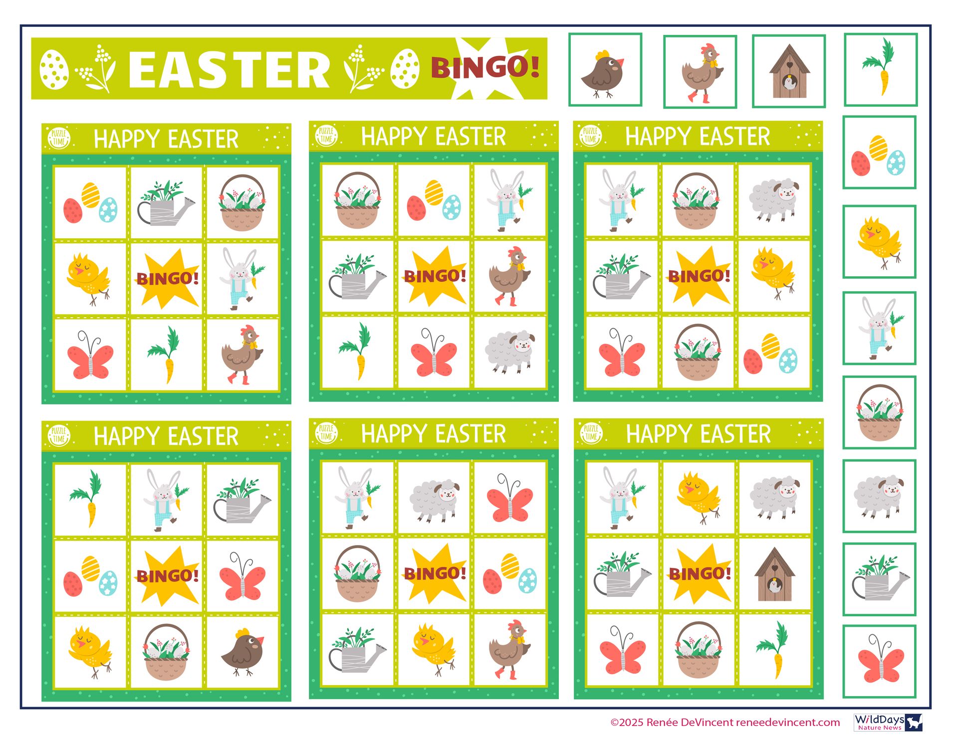 Easter bingo game with six cards and call-out tiles, featuring Easter-themed illustrations.