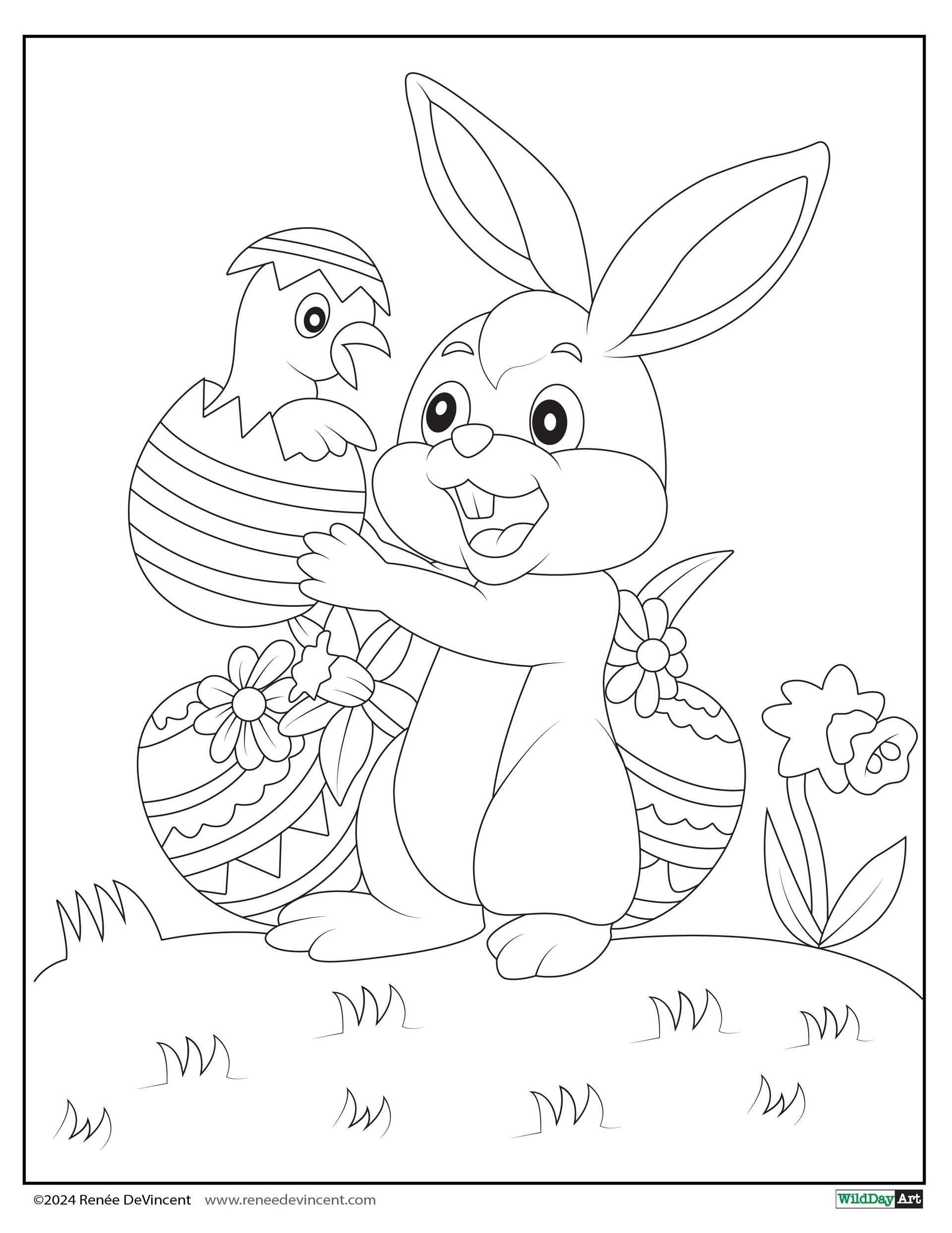 Easter bunny and chick with decorated eggs.