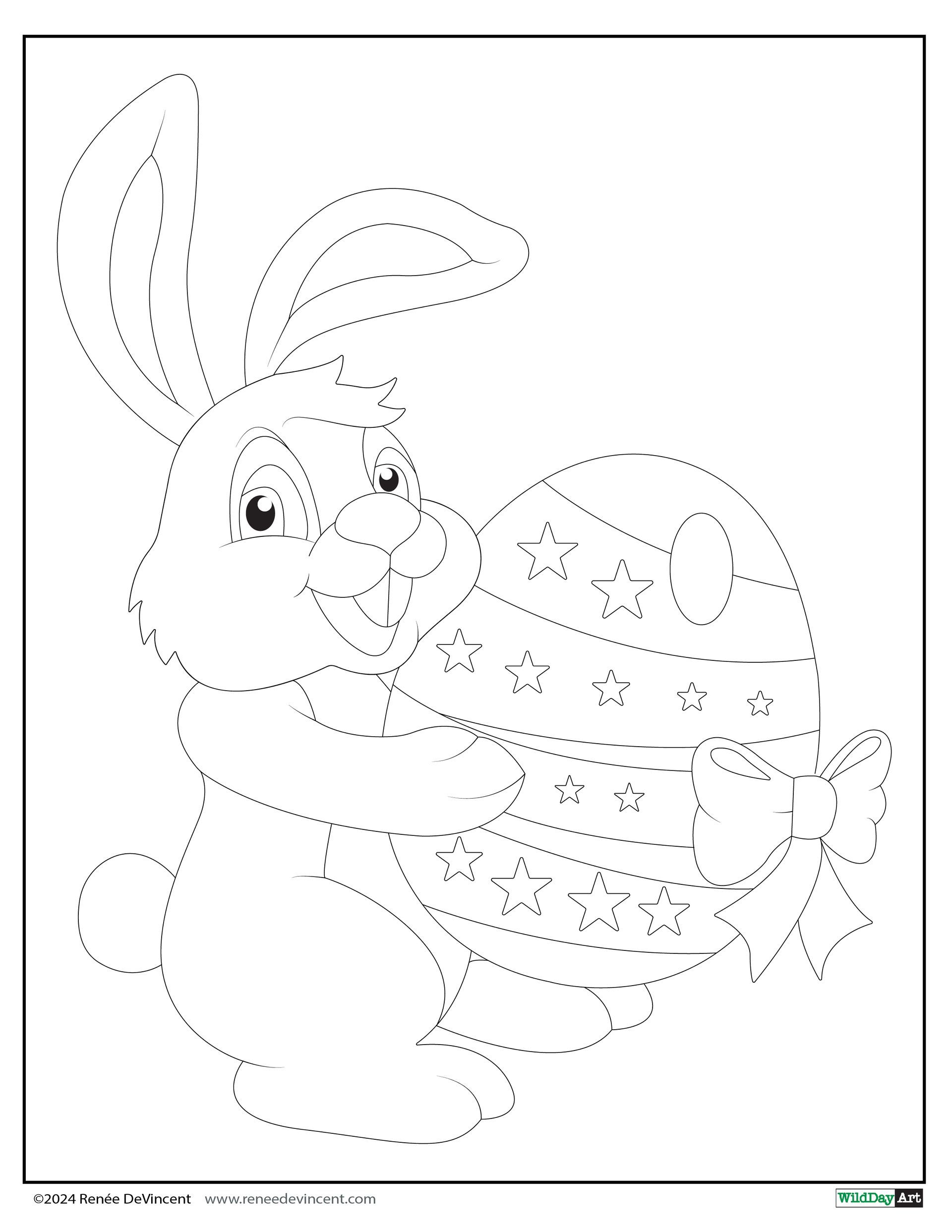 Easter bunny holding a decorated egg; line art for coloring.