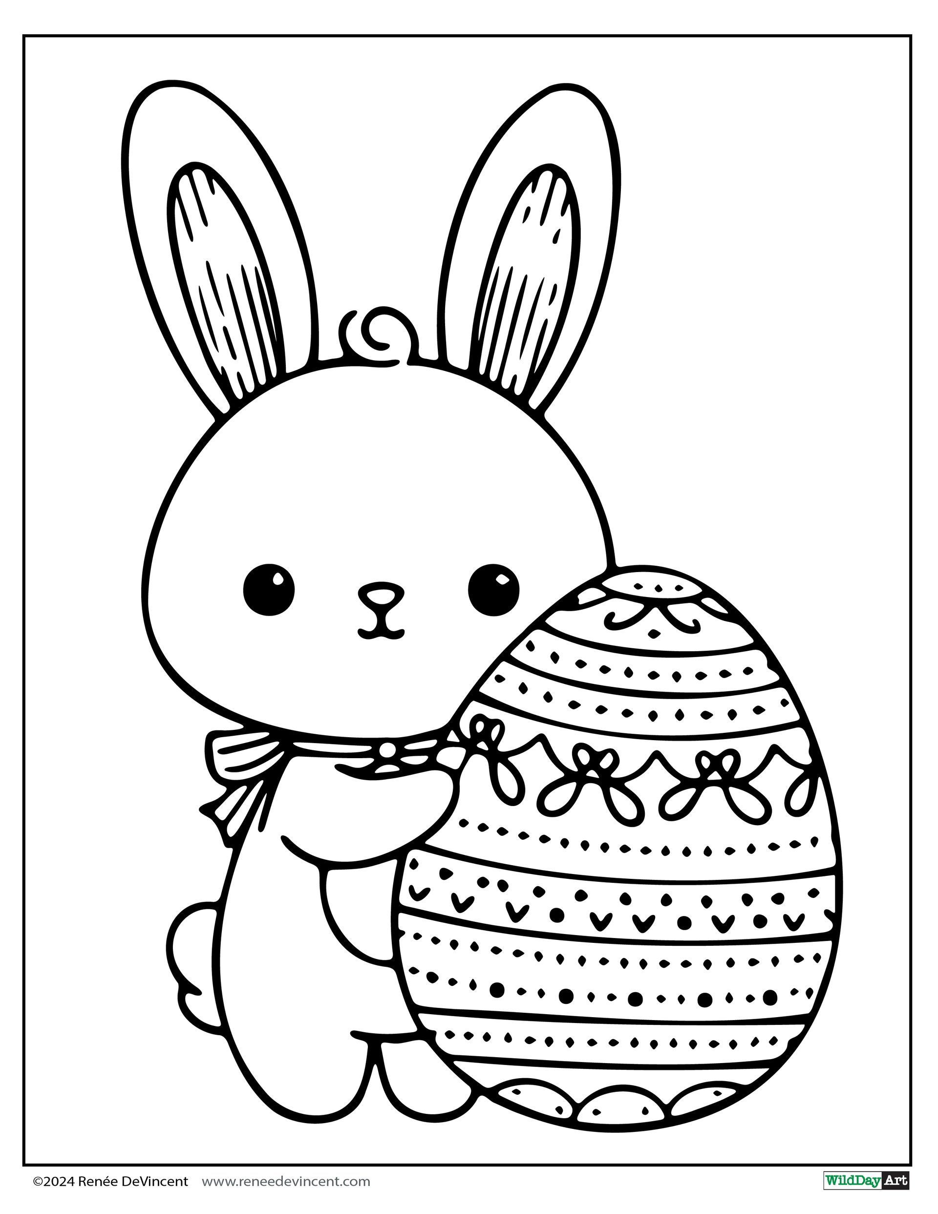 Easter bunny holding a decorated egg.