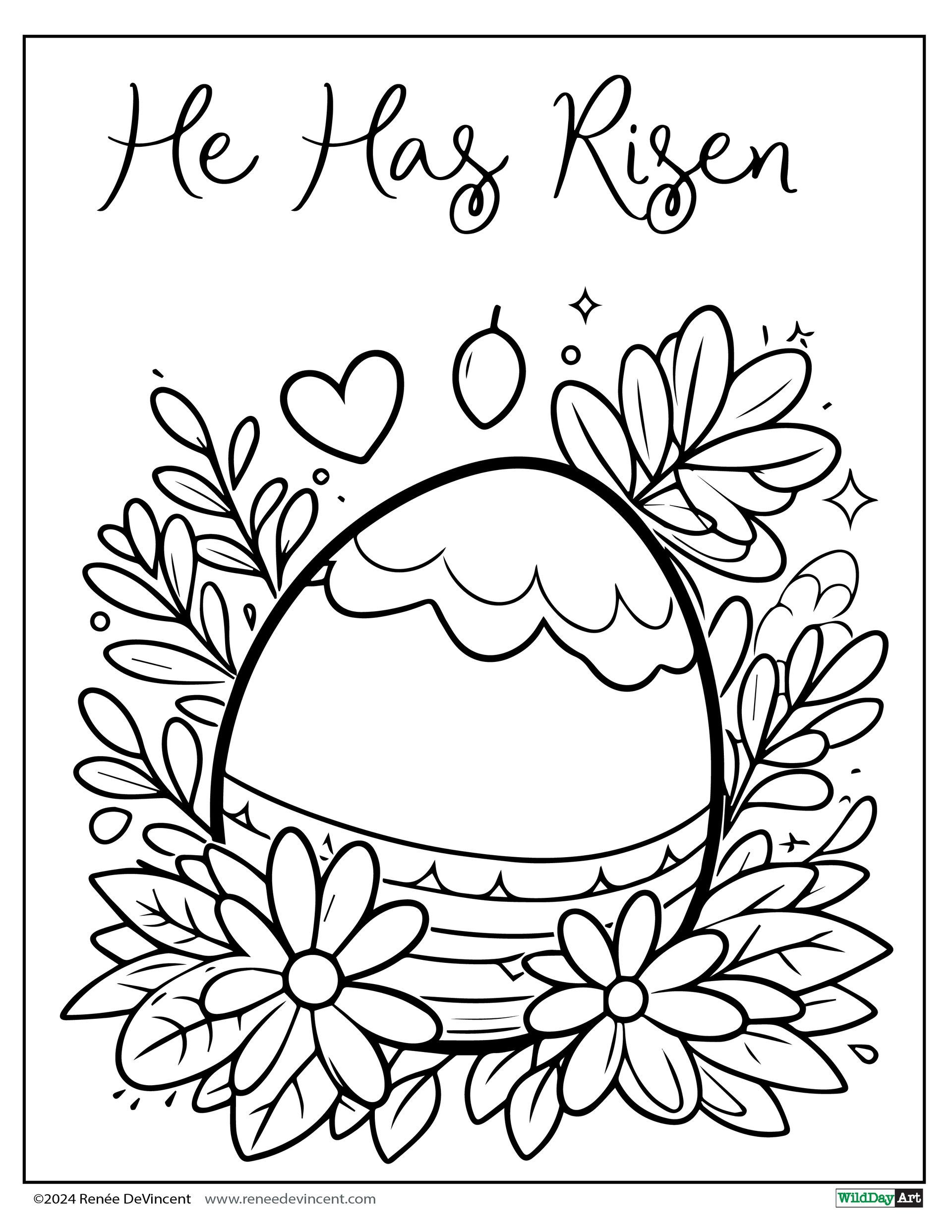 Easter coloring page with an egg, flowers, and the words 