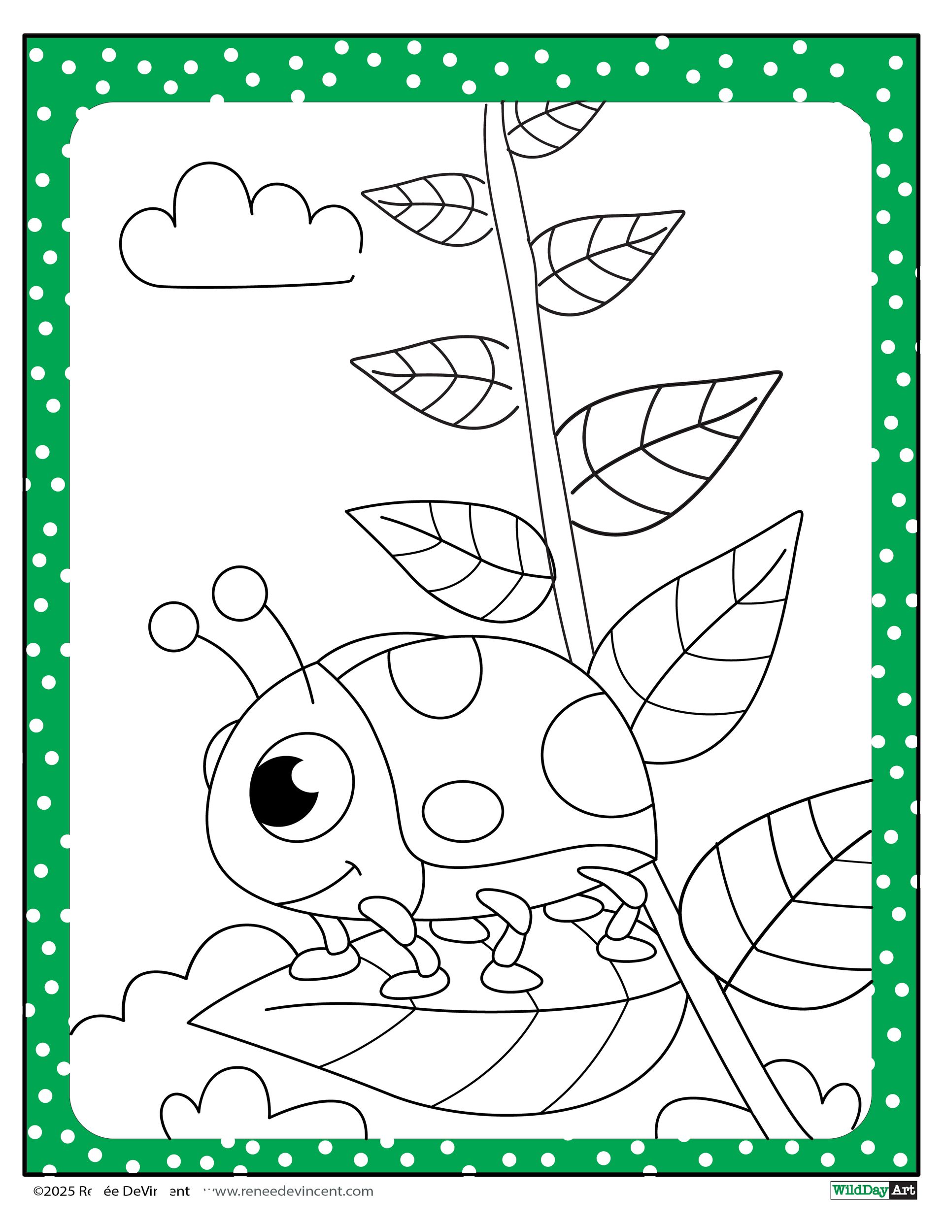 Ladybug on a leaf, with a plant stem and leaves. Cloud in the background. Outline for coloring.