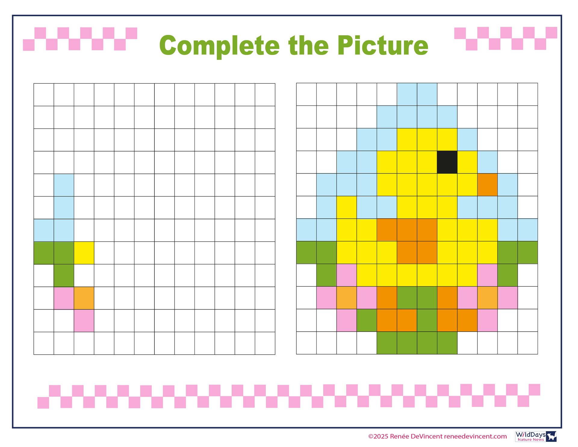 A grid-based activity to complete the image of a yellow chick inside a clear bubble, grass, and pink flowers.