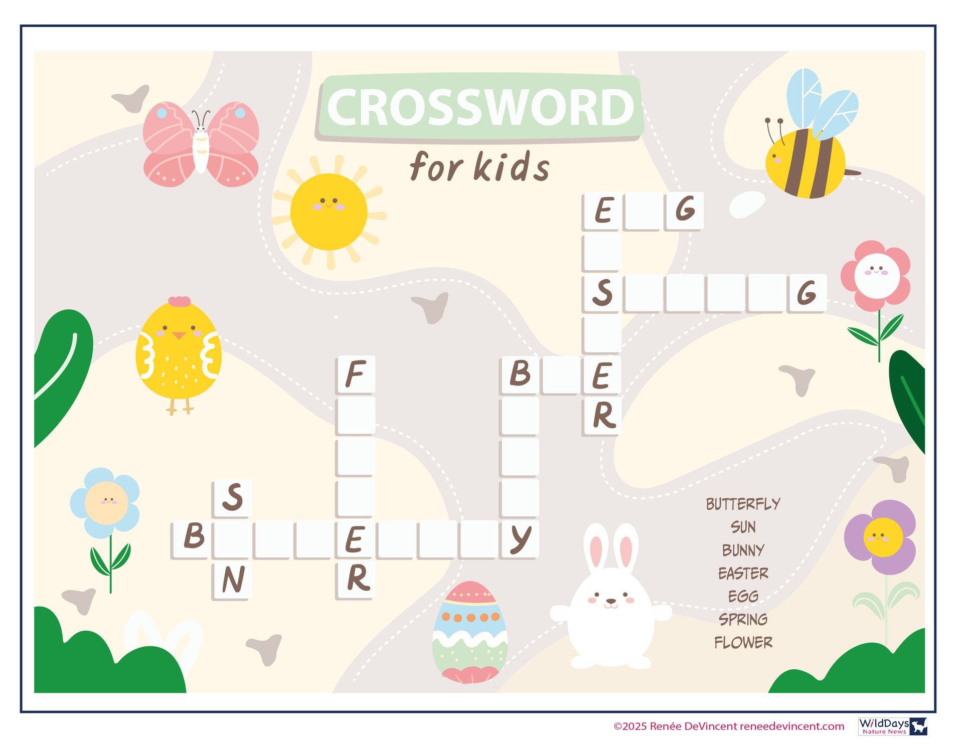 Easter-themed crossword puzzle for kids with illustrations of a butterfly, bee, chick, bunny, sun, and flowers.
