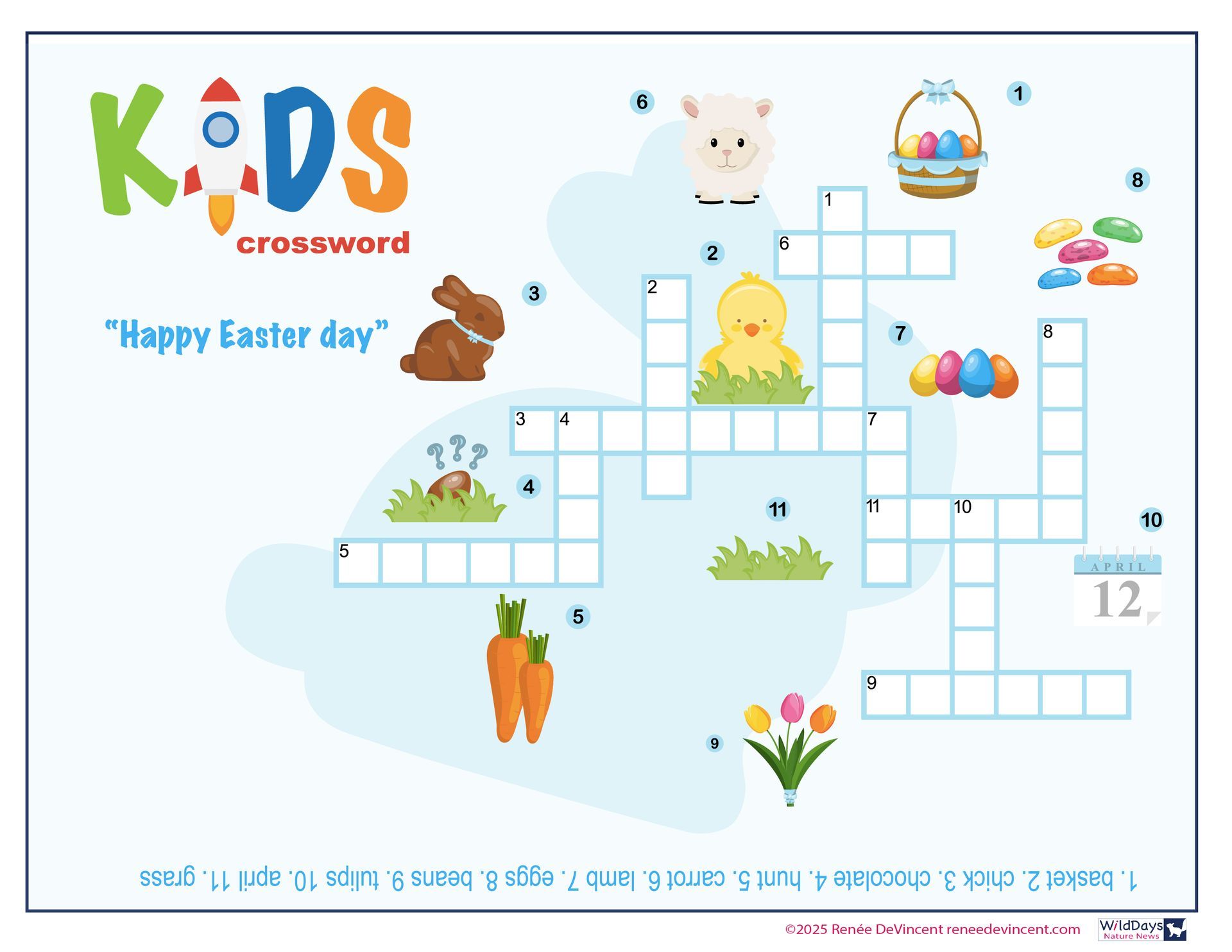 Kids Easter crossword puzzle with colorful spring-themed illustrations.