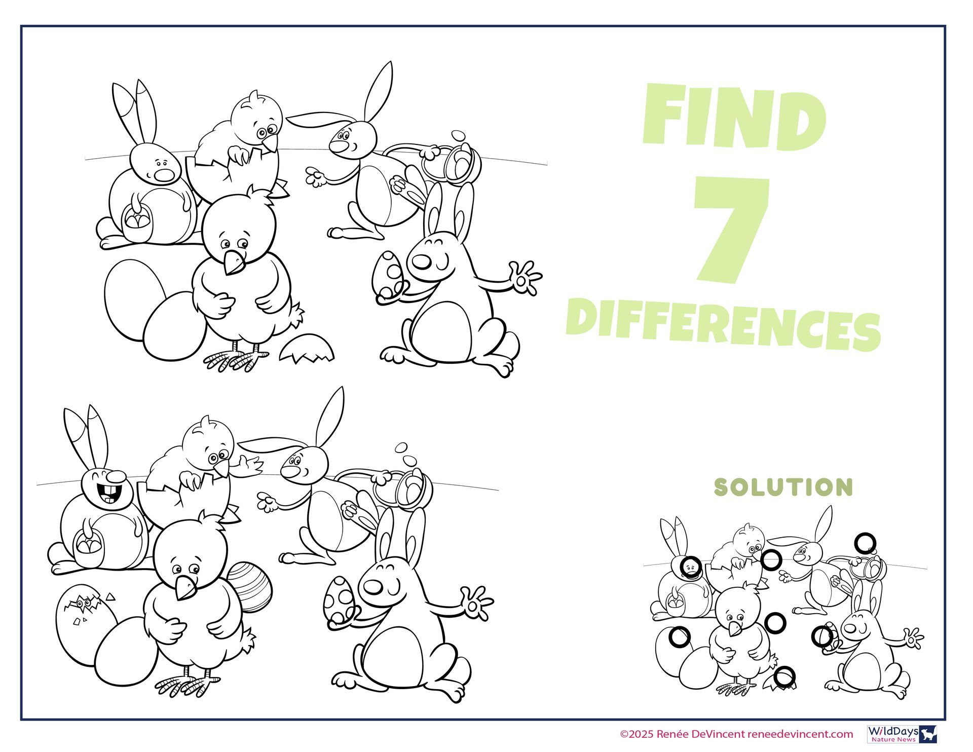 Find the 7 differences puzzle featuring cartoon bunnies and chicks with eggs.
