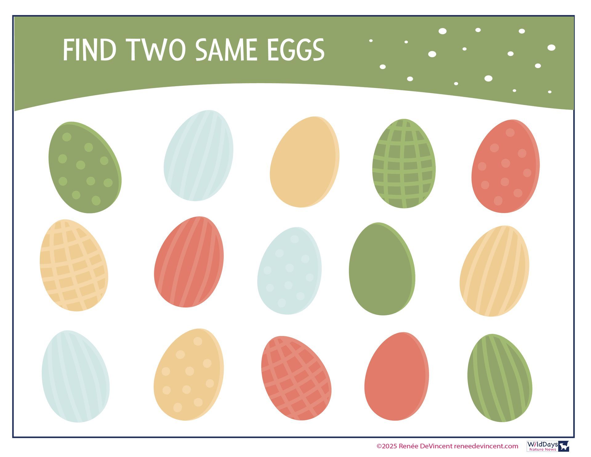 Easter activity: Find two matching eggs of various colors and patterns.