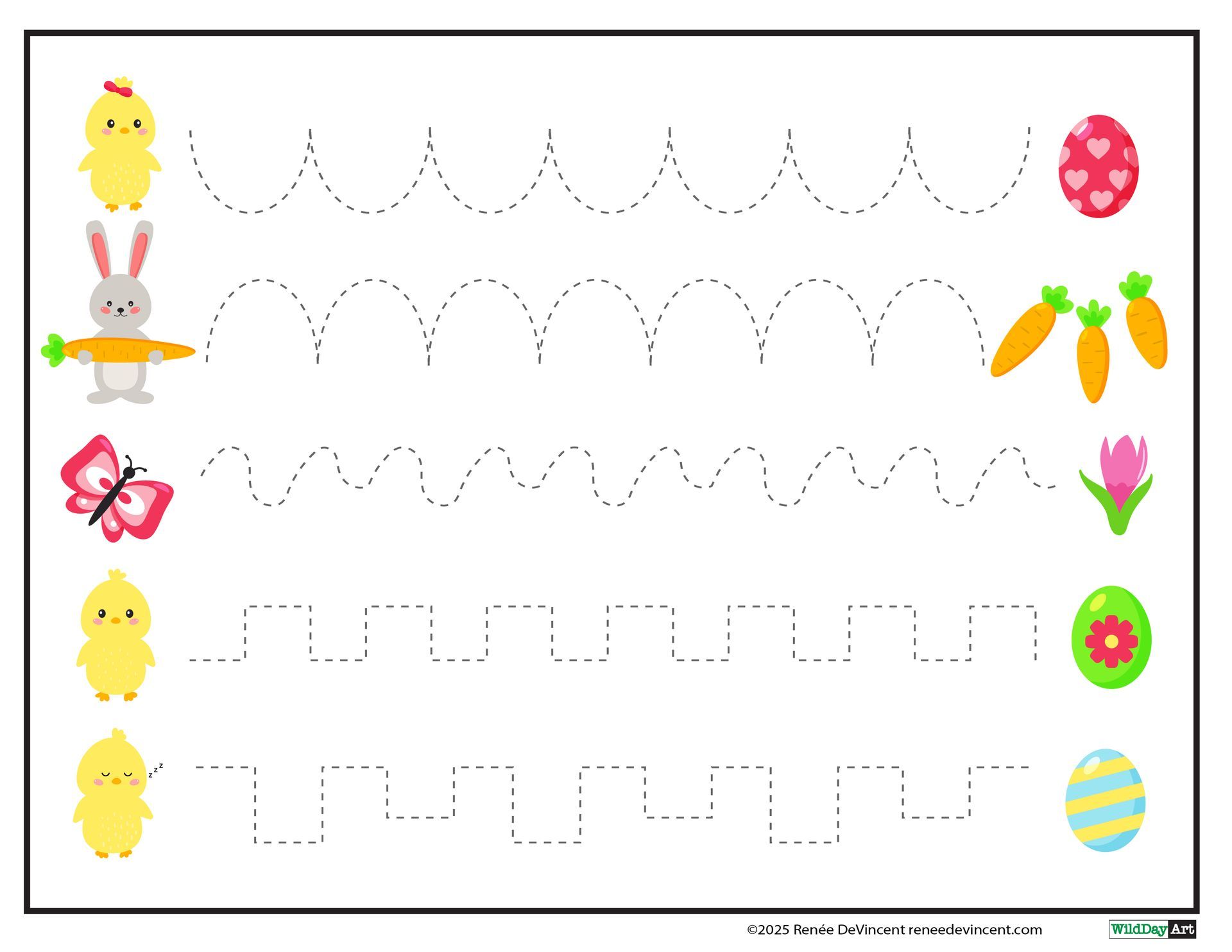 Easter-themed tracing worksheet with dotted lines, chicks, bunny, butterfly, and egg images.