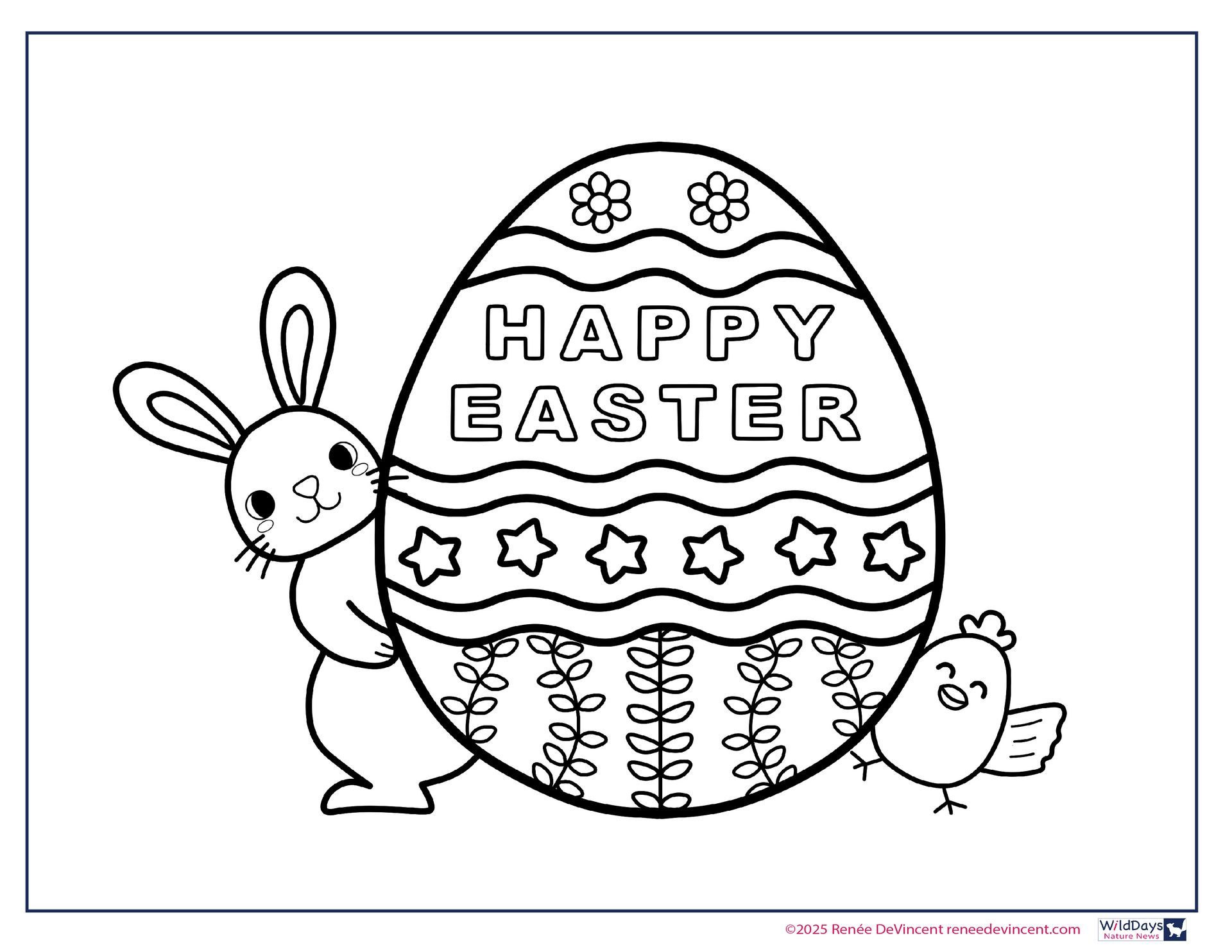 Easter bunny and chick beside decorated egg with 